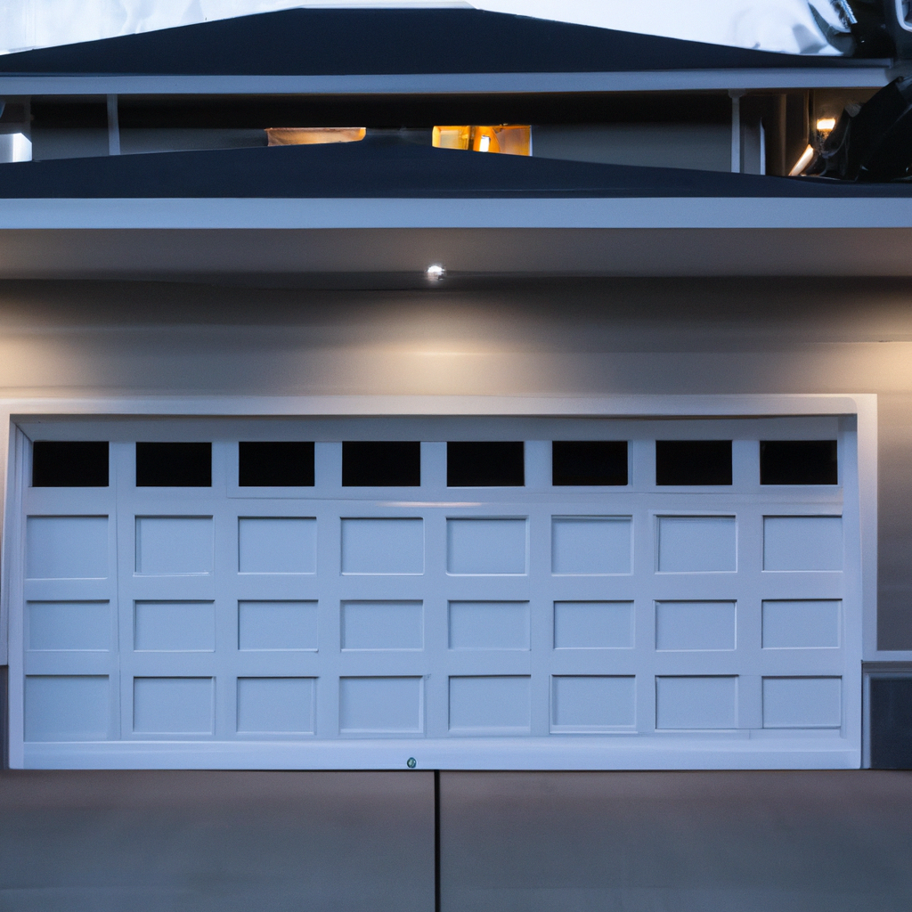 Suburban Redmond garage door painted white with modern panel design at dusk