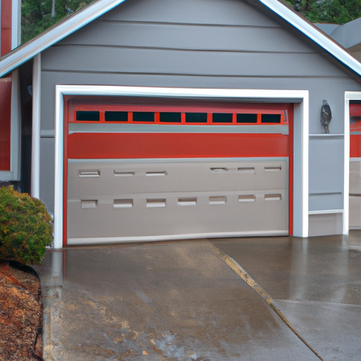 Suburban Redmond home with a closed insulated steel garage door, wet driveway, and visible weatherseal.