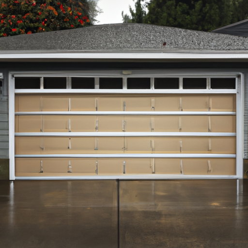 Closed insulated steel garage door on a Redmond, WA suburban home with visible panels, weatherstrip, and wet pavement.