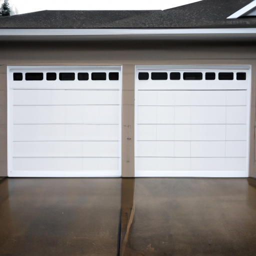 Insulated steel garage door on a suburban Redmond home with visible weatherstripping and overcast sky.