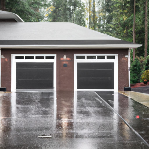 Suburban Redmond driveway with a modern sectional garage door partially open on a damp overcast day; tracks and panels visible.