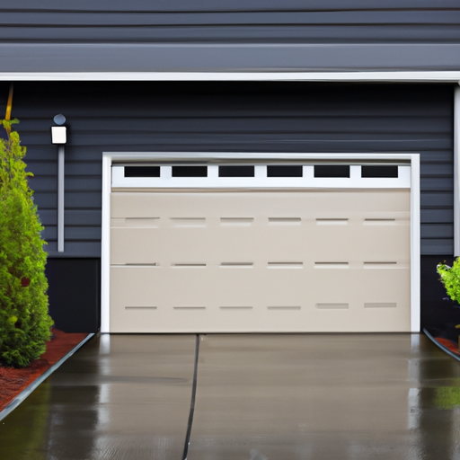 Suburban garage door with insulated panels and weatherstripping in Redmond, WA on an overcast day