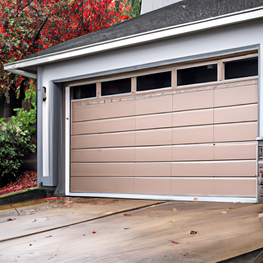 Suburban Redmond garage with a modern sectional door partially open on an overcast day; driveway and opener rail visible.