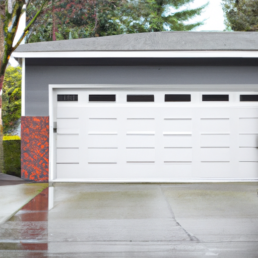 Sectional garage door in Redmond, WA on an overcast day with wet pavement and evergreen trees visible.