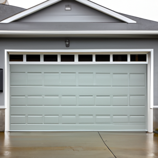 Suburban Redmond garage door closed on a cloudy day, visible hardware and weatherseal, damp driveway.