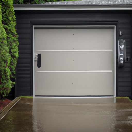 Modern insulated steel garage door with smart keypad and exterior sensor, suburban Redmond street, overcast sky and wet pavement.