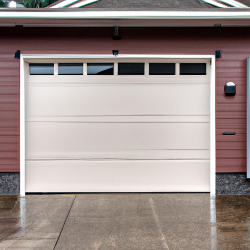 Modern insulated garage door with new weatherstripping on a wet Redmond, WA driveway, overcast daylight, no people.