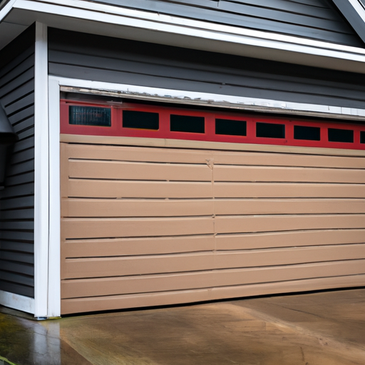 Closed suburban garage door in Redmond, WA showing bottom seal and threshold on an overcast day.
