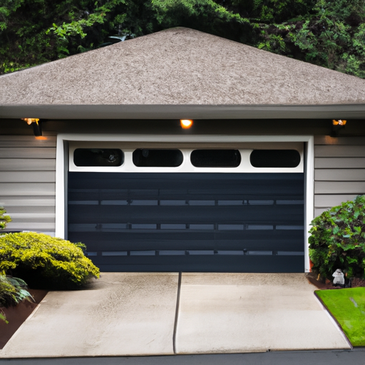 Exterior view of a suburban Redmond garage door with tracks and opener visible, evergreen landscaping, overcast sky.