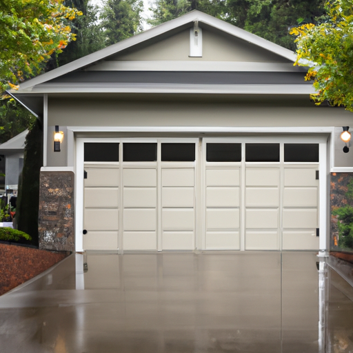 Exterior view of a suburban garage door in Redmond, WA on an overcast day with wet pavement and evergreen trees.