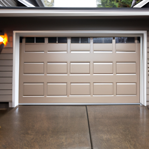 Residential garage door on a suburban Redmond home with wet pavement and visible tracks in overcast light.