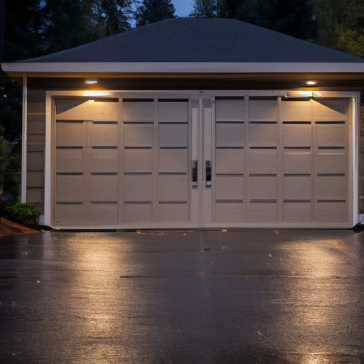 Suburban Redmond home with a modern closed garage door at dusk, wet driveway and quiet neighborhood trees.