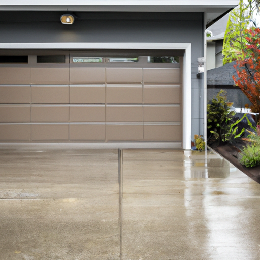 Modern steel-paneled garage door on a wet driveway in a Redmond, WA neighborhood, showing finish and weather resistance.