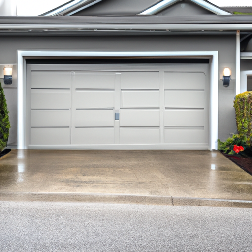 Sectional garage door closed on a residential home in Redmond, WA with damp driveway and trimmed shrubs.