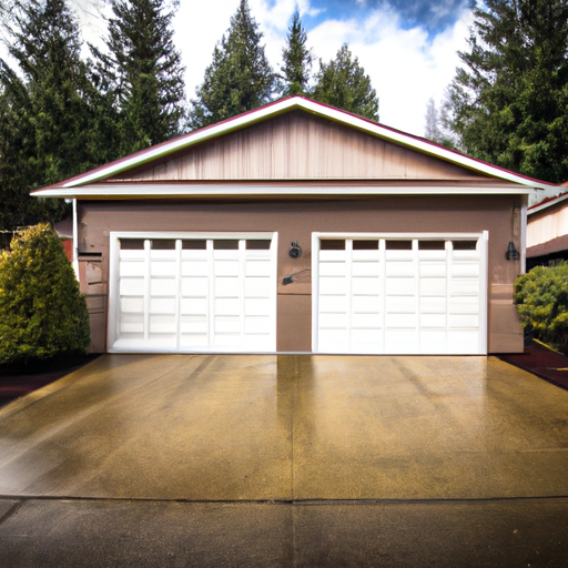 Suburban Redmond home with a closed panel-style garage door, driveway, and evergreen trees under a soft sky.