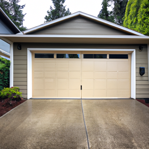 Suburban garage in Redmond, WA with a modern sectional door and visible weatherstripping on a clear day