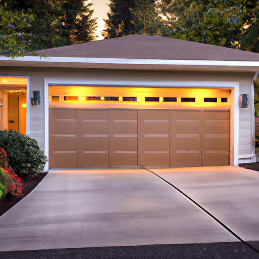 Suburban Redmond garage with a modern sectional door partially open at golden hour; damp pavement and evergreen plants visible.