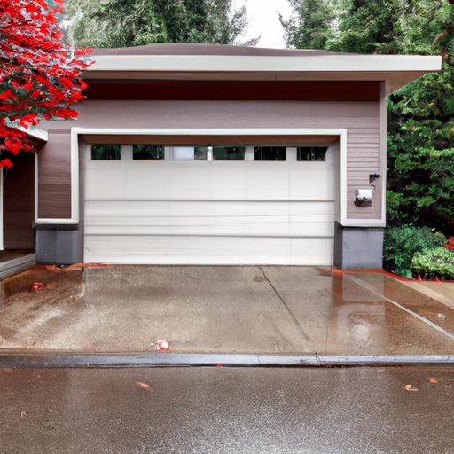 Modern composite garage door on a wet Redmond, WA driveway with Pacific Northwest foliage, overcast sky.