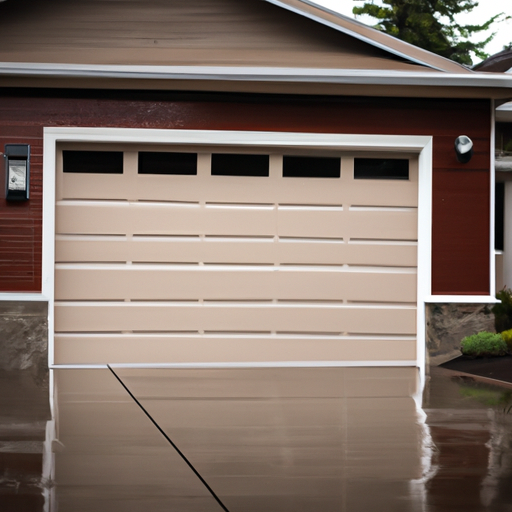 Modern Redmond home with closed garage door on an overcast, wet day; clear view of door material and finish.