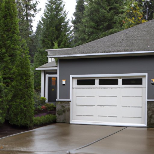 Suburban Redmond home exterior with a closed modern garage door on a wet, overcast day; no people visible.