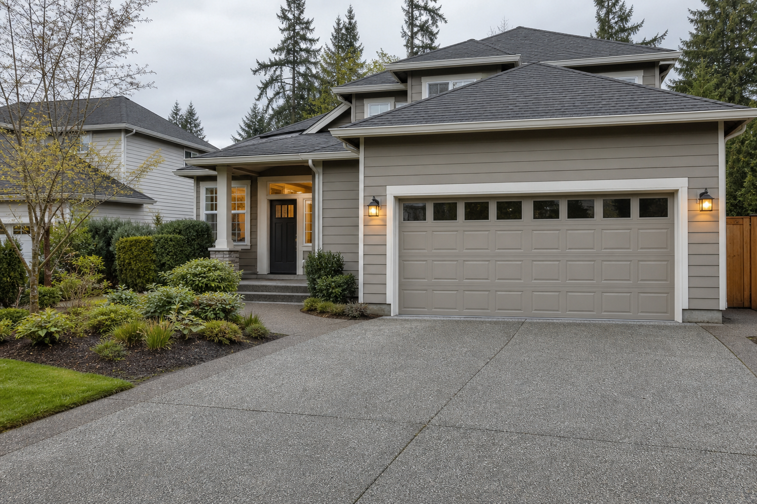 Suburban home in Redmond with a full garage door visible on a cloudy Northwest day
