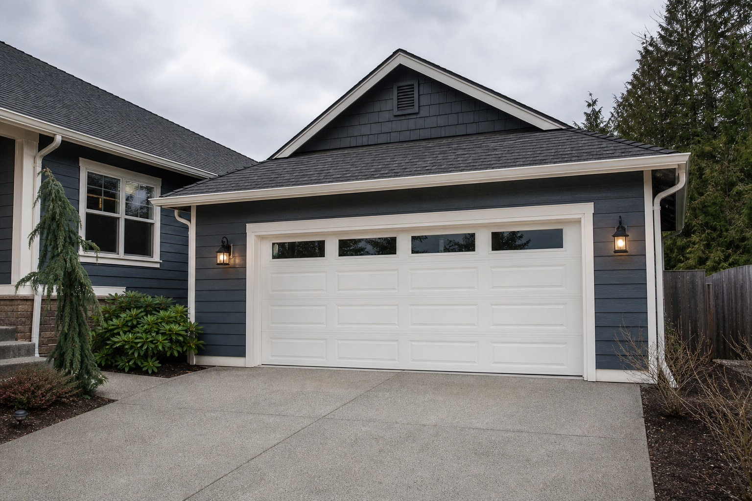 Suburban Redmond home with a full garage door exterior view on a cloudy day